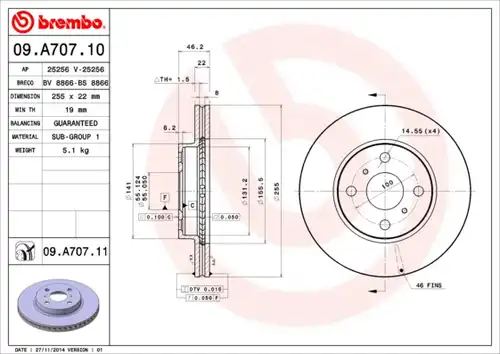 спирачен диск BREMBO 09.A707.10