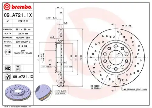 спирачен диск BREMBO 09.A721.1X