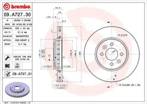 спирачен диск BREMBO 09.A727.31
