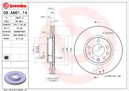 спирачен диск BREMBO 09.A861.14
