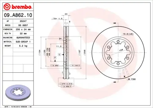 спирачен диск BREMBO 09.A862.10