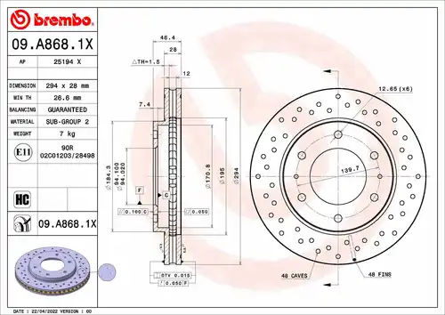 спирачен диск BREMBO 09.A868.1X