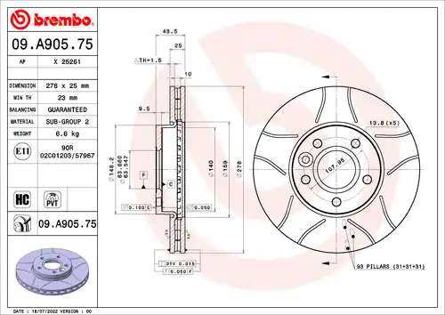 спирачен диск BREMBO 09.A905.75