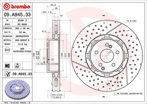 спирачен диск BREMBO 09.A945.33