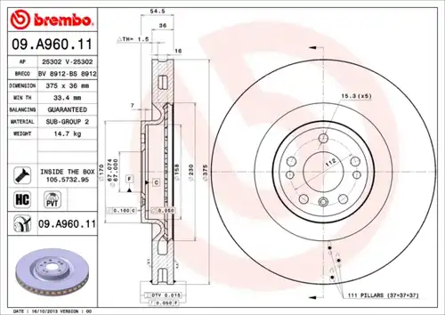 спирачен диск BREMBO 09.A960.11