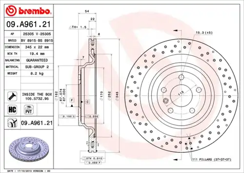 спирачен диск BREMBO 09.A961.21