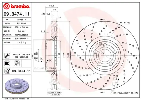 спирачен диск BREMBO 09.B474.11