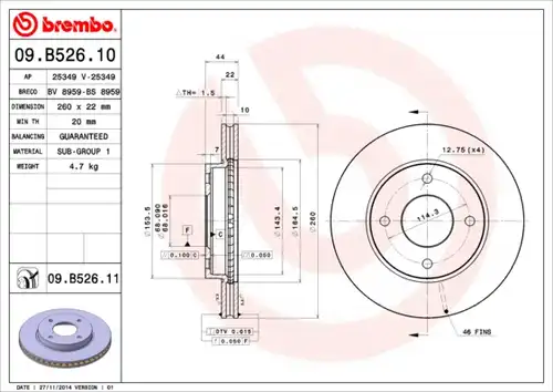 спирачен диск BREMBO 09.B526.11