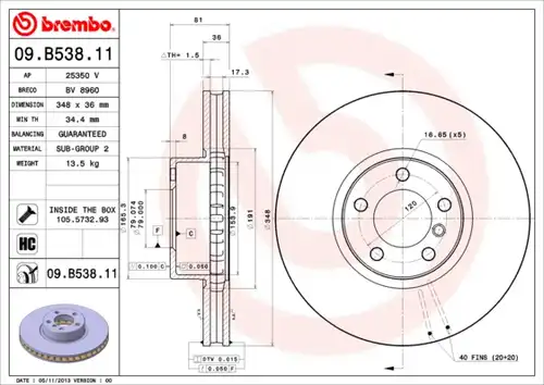 спирачен диск BREMBO 09.B538.11