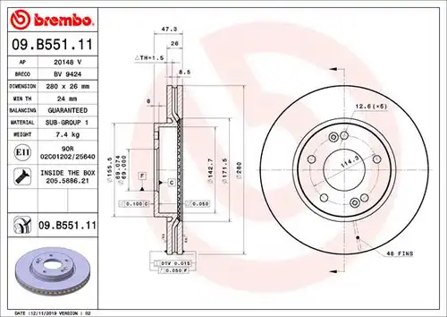 спирачен диск BREMBO 09.B551.11