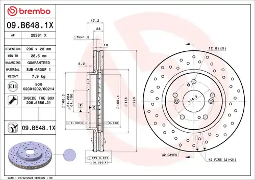 спирачен диск BREMBO 09.B648.1X