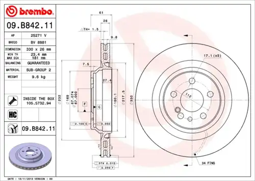 спирачен диск BREMBO 09.B842.11