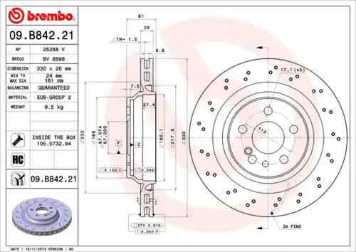 спирачен диск BREMBO 09.B842.21
