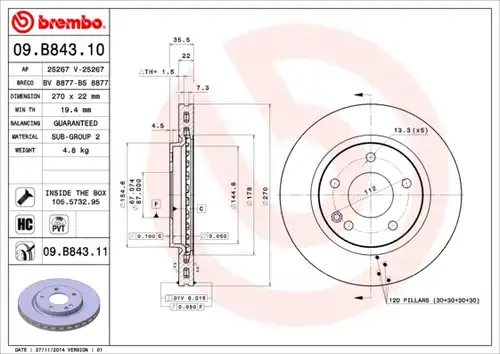 спирачен диск BREMBO 09.B843.10