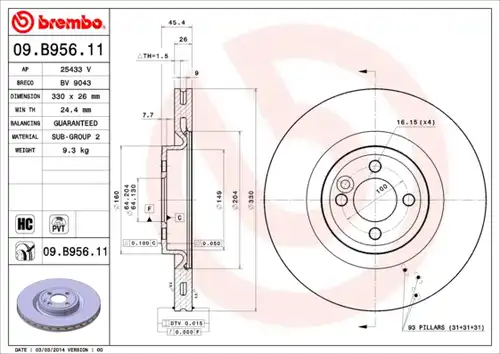 спирачен диск BREMBO 09.B956.11