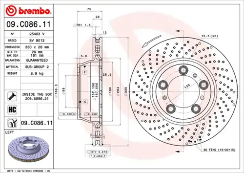 спирачен диск BREMBO 09.C086.11