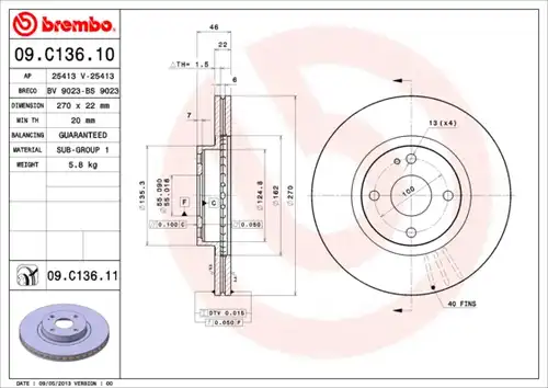 спирачен диск BREMBO 09.C136.10