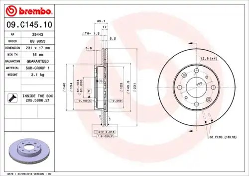 спирачен диск BREMBO 09.C145.10