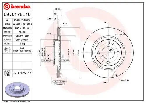 спирачен диск BREMBO 09.C175.11