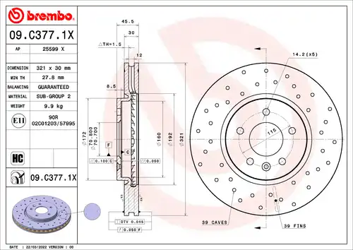спирачен диск BREMBO 09.C377.1X