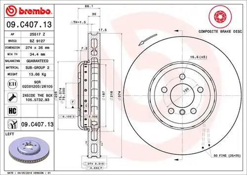 спирачен диск BREMBO 09.C407.13
