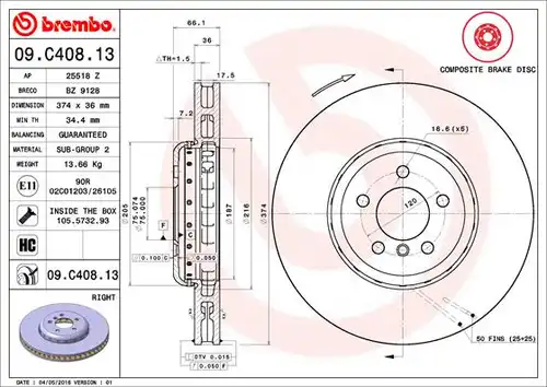 спирачен диск BREMBO 09.C408.13