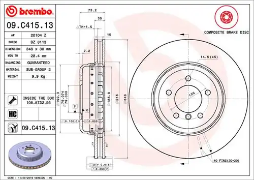 спирачен диск BREMBO 09.C415.13