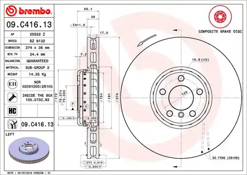 спирачен диск BREMBO 09.C416.13
