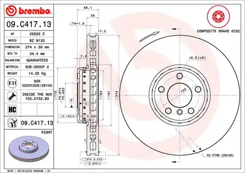 спирачен диск BREMBO 09.C417.13