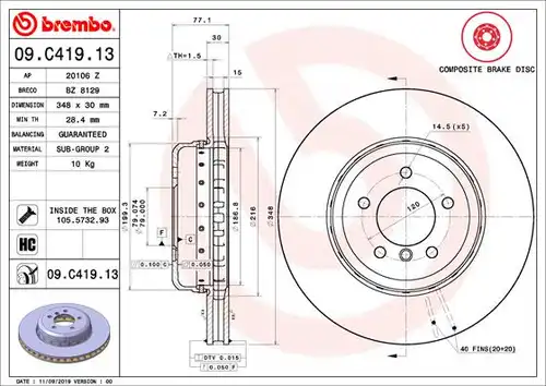 спирачен диск BREMBO 09.C419.13