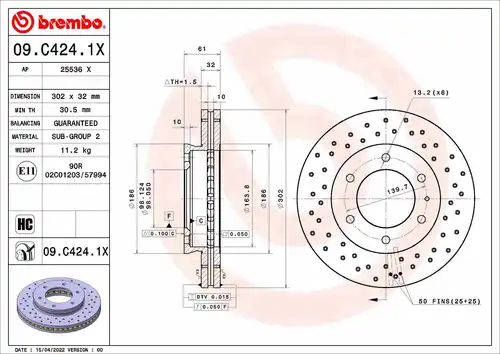 спирачен диск BREMBO 09.C424.1X