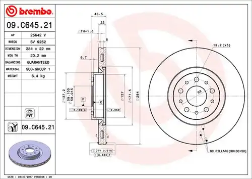 спирачен диск BREMBO 09.C645.21