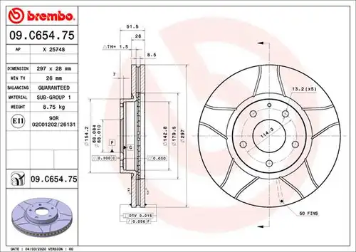 спирачен диск BREMBO 09.C654.75