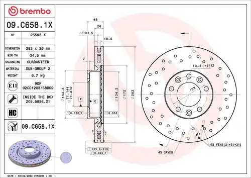 спирачен диск BREMBO 09.C658.1X