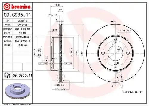 спирачен диск BREMBO 09.C935.11
