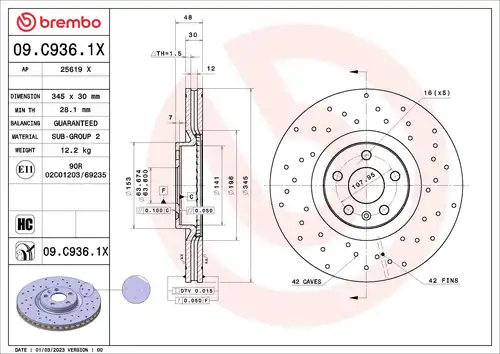 спирачен диск BREMBO 09.C936.1X