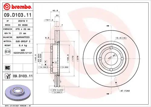 спирачен диск BREMBO 09.D103.11