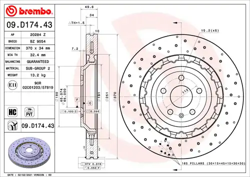 спирачен диск BREMBO 09.D174.43