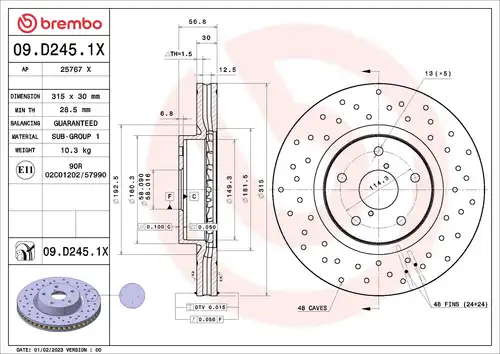 спирачен диск BREMBO 09.D245.1X