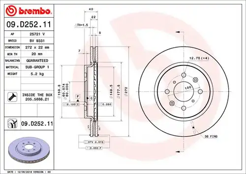 спирачен диск BREMBO 09.D252.11