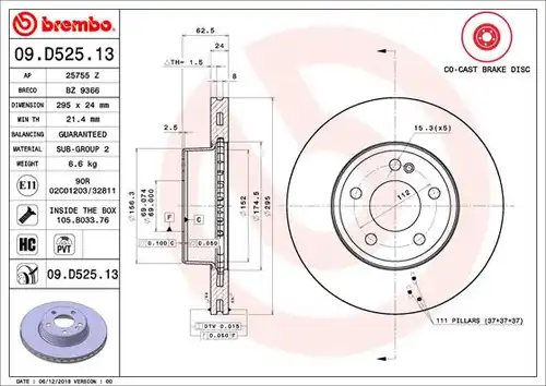 спирачен диск BREMBO 09.D525.13