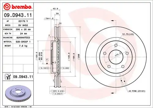 спирачен диск BREMBO 09.D943.11