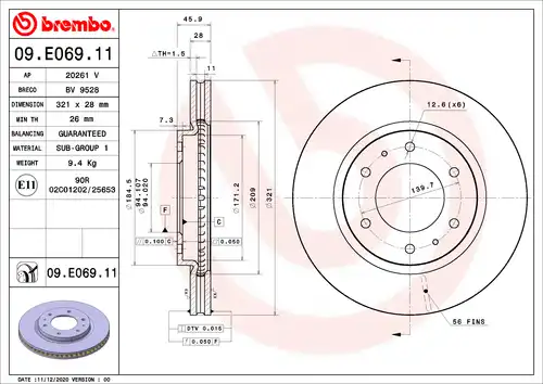 спирачен диск BREMBO 09.E069.11