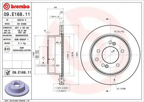 спирачен диск BREMBO 09.E168.11