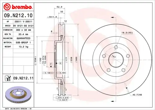 спирачен диск BREMBO 09.N212.11