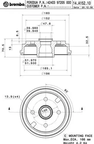 спирачен барабан BREMBO 14.A152.10