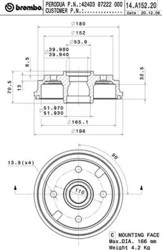 спирачен барабан BREMBO 14.A152.20