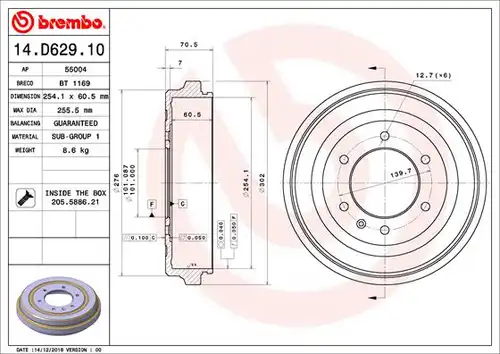 спирачен барабан BREMBO 14.D629.10