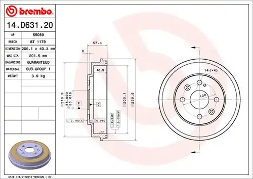 спирачен барабан BREMBO 14.D631.20
