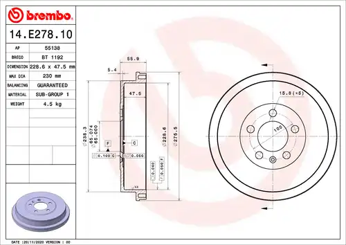 спирачен барабан BREMBO 14.E278.10